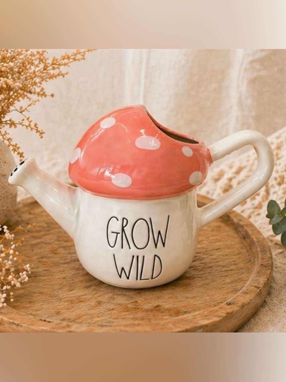 Rae Dunn Ceramic Mushroom Watering Can‎ "Grow Wild" Pink White
